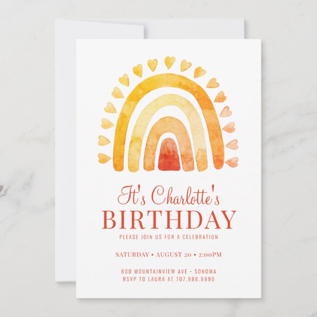 Boho Rainbow Orange Gold Kid's Birthday Party Invitation (Front)