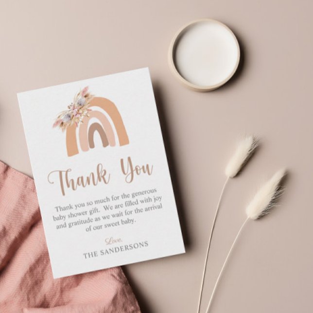 Boho Rainbow Pampas Grass Pink Baby Shower Thank You Card (Creator Uploaded)
