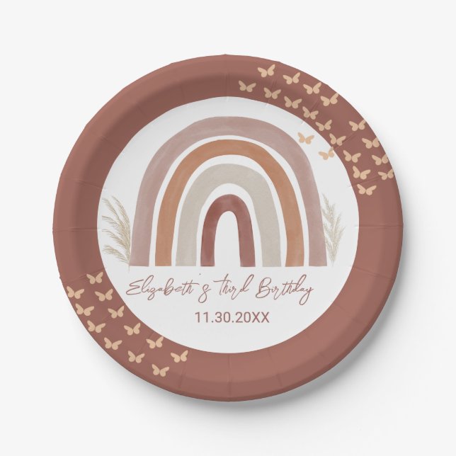 Boho Rainbow | Pampas Grass | Third Birthday  Pape Paper Plate (Front)