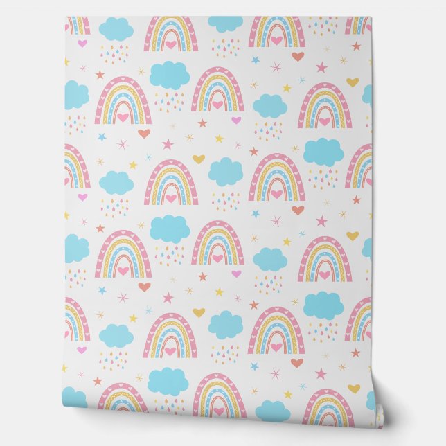 Boho rainbow pattern with clouds pastel Nursery  Wallpaper (Unrolling)