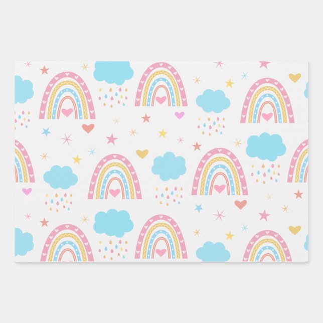 Boho rainbow pattern with clouds pastel  wrapping paper sheet (Front)