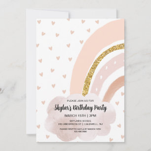 Boho Rainbow Pink and Gold Birthday Invitation