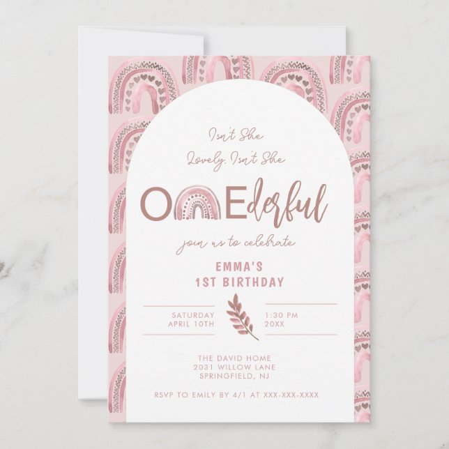 Boho Rainbow  Pink Arch Onederful Birthday Invitation (Front)