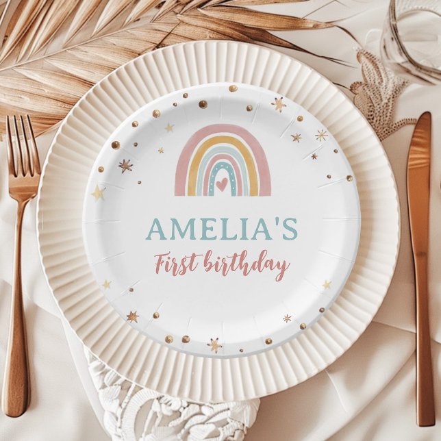 Boho Rainbow Pink Birthday Paper Plates (Creator Uploaded)