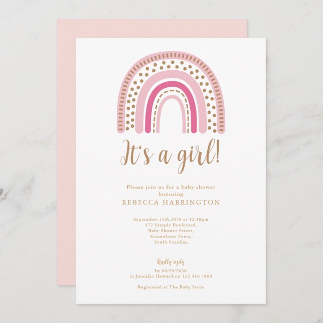 Boho Rainbow Pink Girl Baby Shower Invitation (Front/Back)