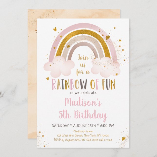Boho Rainbow Pink Gold Birthday Invitation (Front/Back)