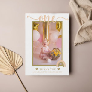 Boho Rainbow Pink Gold First Birthday Photo Thank You Card