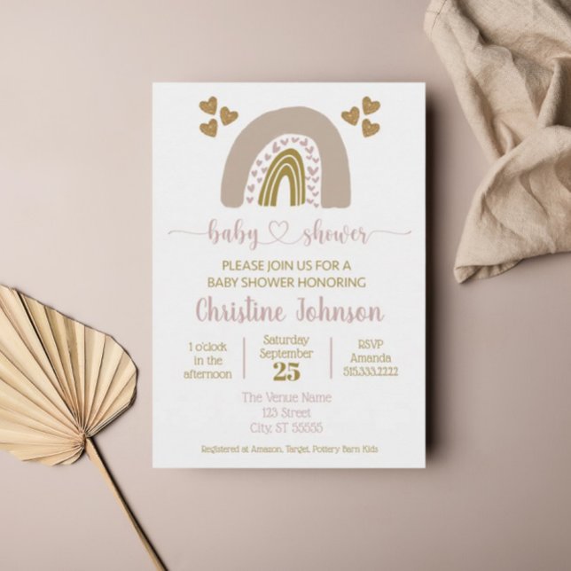 Boho Rainbow Pink Gold Heart Baby Girl Shower Invitation (Creator Uploaded)