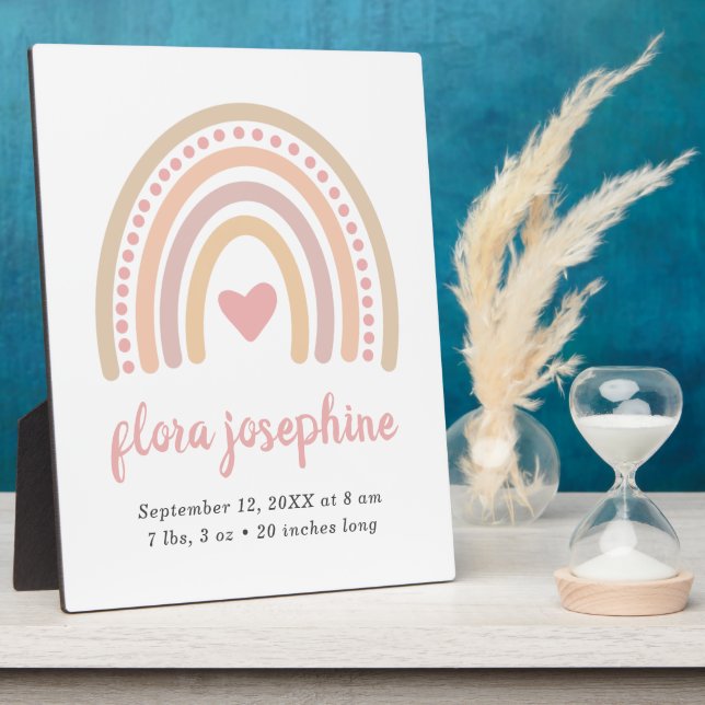 Boho Rainbow Pink Heart Cute Birth Stats Girl Baby Plaque (Side)