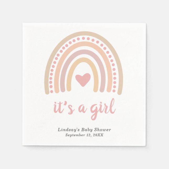 Boho Rainbow Pink Heart Cute Girl Baby Shower Napkin (Front)
