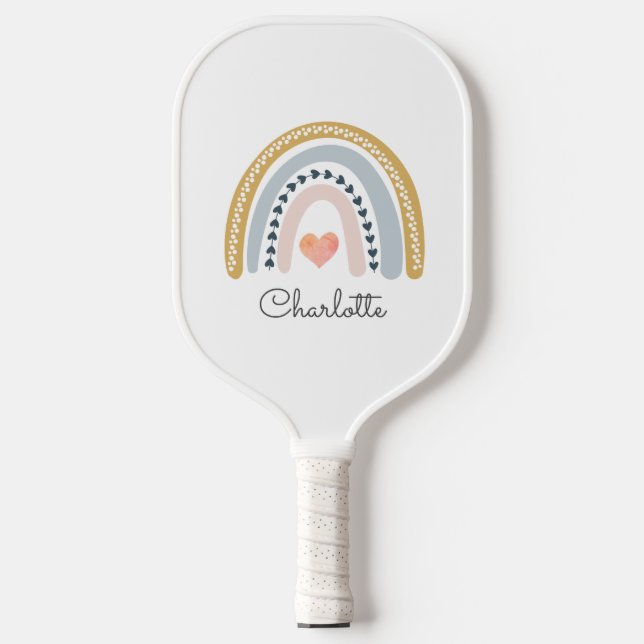 Boho Rainbow Pink Heart Personalised Pickleball Paddle (Front)