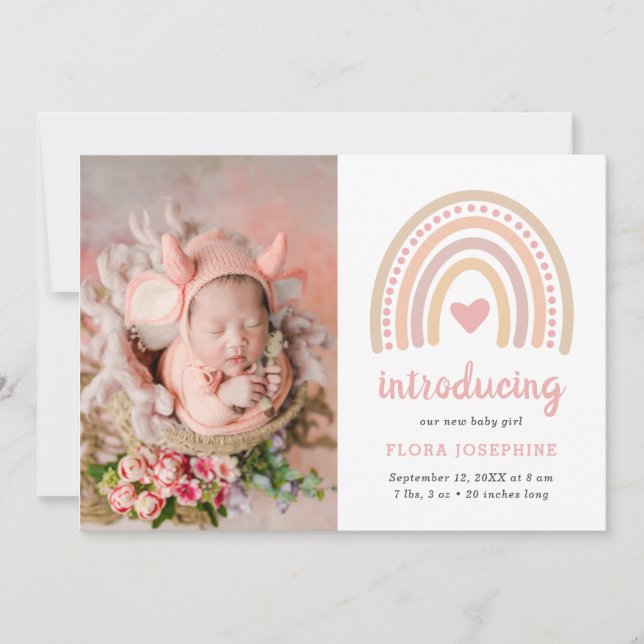 Boho Rainbow Pink Heart Photo Baby Girl Cute Birth Announcement (Front)