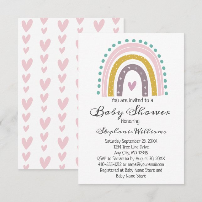 Boho Rainbow Pink Hearts Purple Teal Baby Girl Invitation (Front/Back)