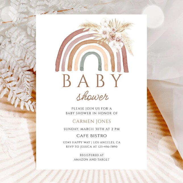 Boho Rainbow Pink Pampas Baby Shower Invitation (Creator Uploaded)