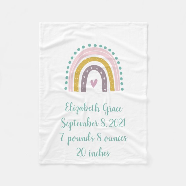 Boho Rainbow Pink Teal Gold Hearts Birth Stats Bab Fleece Blanket (Front)