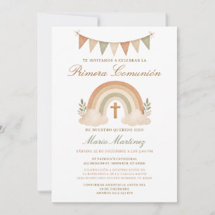 Boho Rainbow Spanish Boy Primera Comunión Cross Invitation