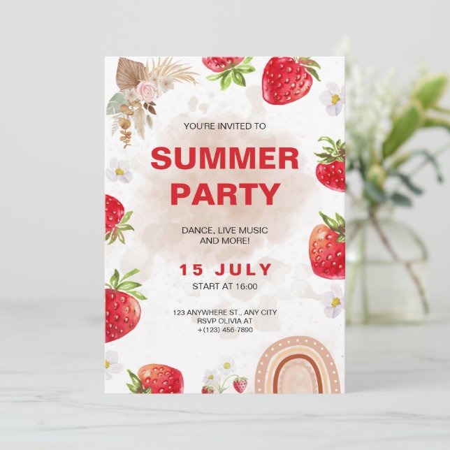 Boho Rainbow Strawberry Party Tropical Water Invitation (Standing Front)