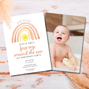 Boho Rainbow Sun First Trip Photo First Birthday Invitation