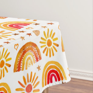 Boho Rainbow Sun Stars Watercolor Pastel Pattern Tablecloth