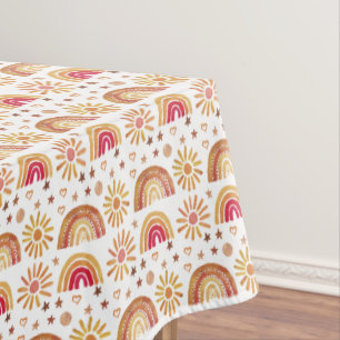 Boho Rainbow Sun Stars Watercolor Pastel Pattern Tablecloth