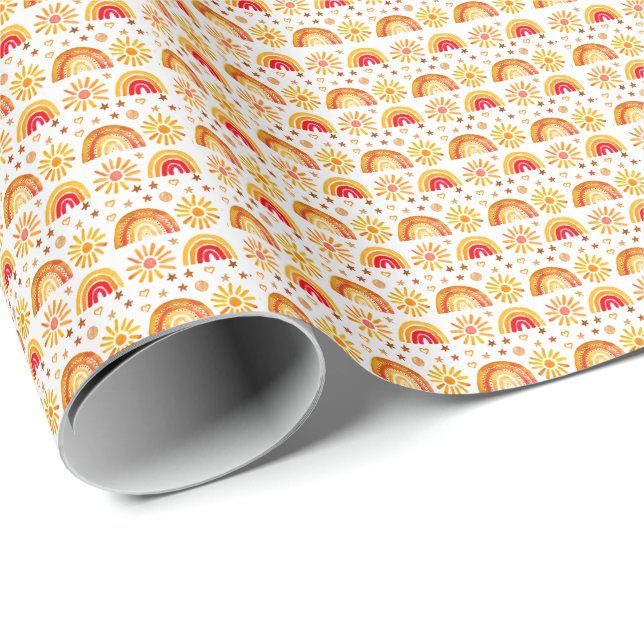 Boho Rainbow Sun Stars Watercolor Pastel Pattern Wrapping Paper (Roll Corner)