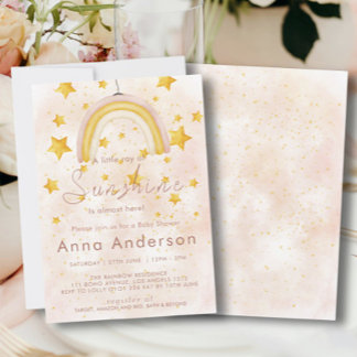 Boho Rainbow Sunshine Gold Stars Dusty Baby Shower Invitation