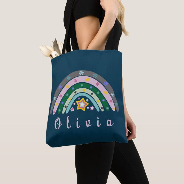 Boho Rainbow Trendy with Personalised Name  Tote Bag (Close Up)