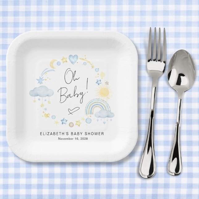 Boho Rainbow Watercolor Baby Boy Shower Paper Plate (Creator Uploaded)