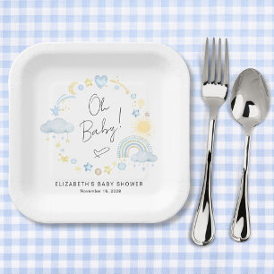 Boho Rainbow Watercolor Baby Boy Shower Paper Plate