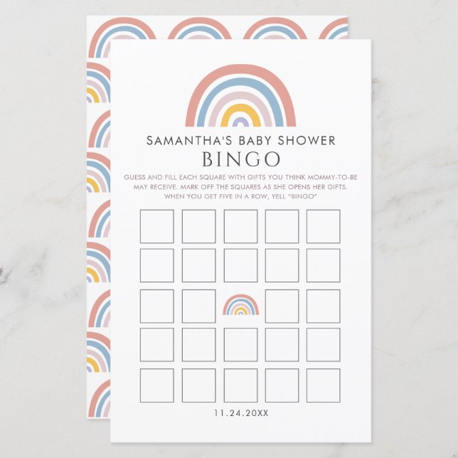 Boho Rainbow Watercolor Baby Shower Bingo (Front/Back)
