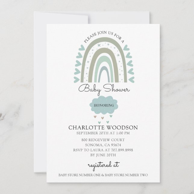 Boho Rainbow Watercolor Blue Baby Boy Shower Invitation (Front)