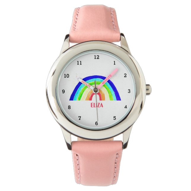 Boho Rainbow Watercolor Cute Girls Pink Kids Watch (Front)