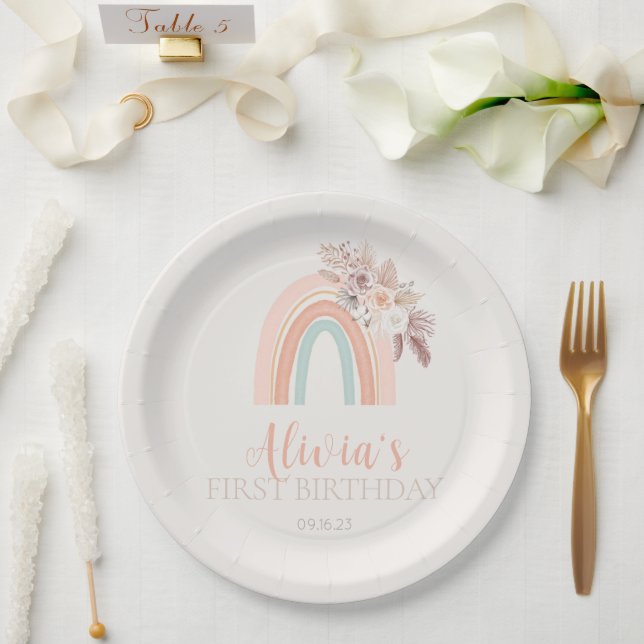 Boho Rainbow Watercolor First Birthday Paper Plate (Wedding)