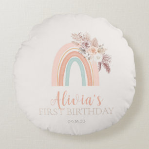 Boho Rainbow Watercolor First Birthday Round Cushion