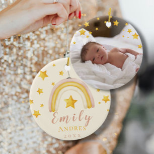 Boho Rainbow with Gold Stars Baby First Christmas Ceramic Tree Decoration