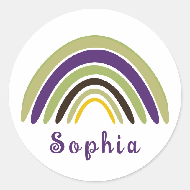 Boho Rainbow with Personalised Name in Green  Classic Round Sticker (Front)