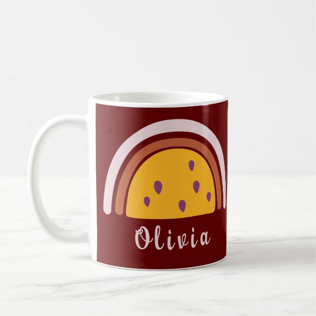 Boho Rainbow with Personalised Name Yellow Coffee Mug (Left)
