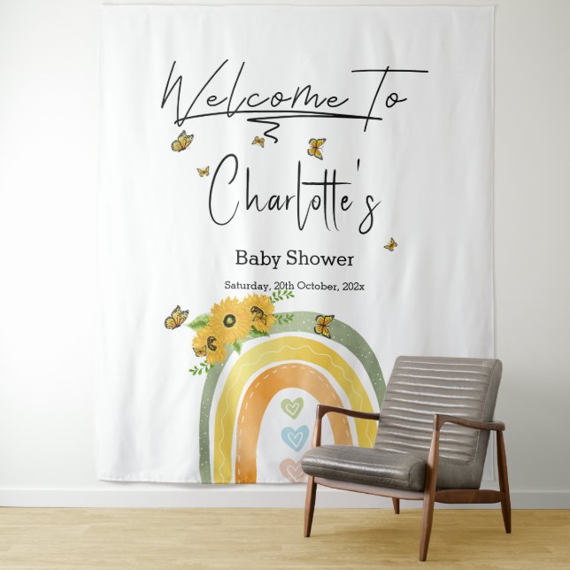 Boho Rainbow With Sunflowers Baby Shower Tapestry (In Situ)
