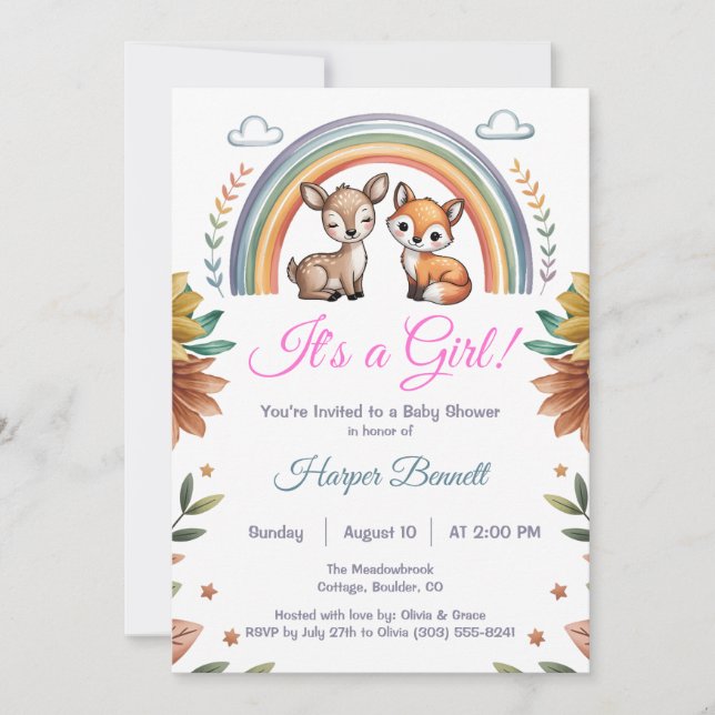 Boho Rainbow Woodland Animals Girl Baby Shower Invitation (Front)
