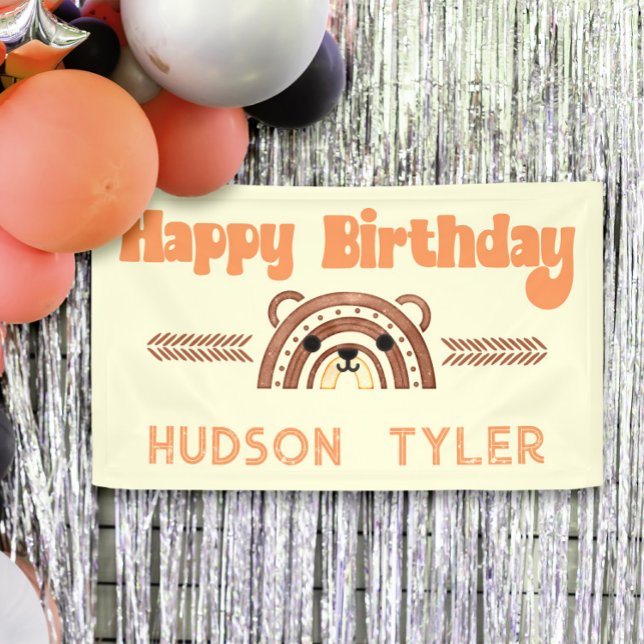 Boho Rainbow Woodland Bear Birthday Party Welcome Banner (Creator Uploaded)