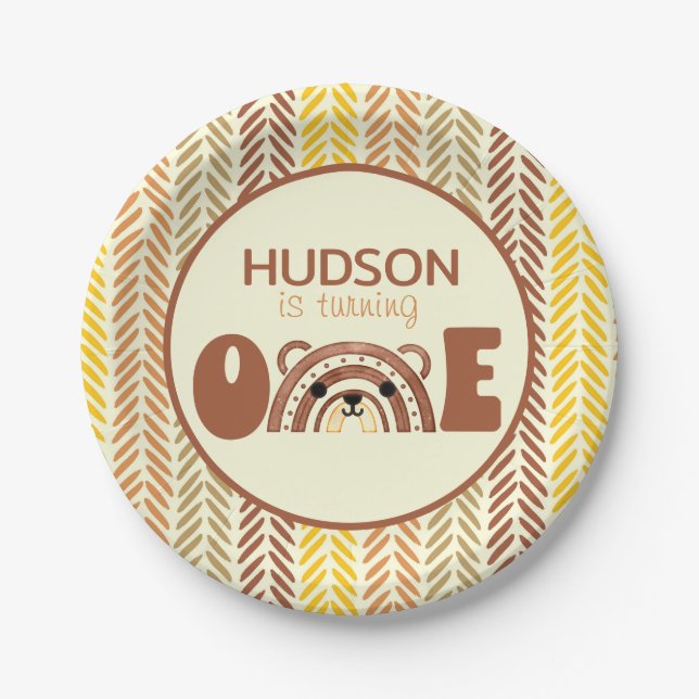 Boho Rainbow Woodland Bear First Birthday Paper Plate (Front)