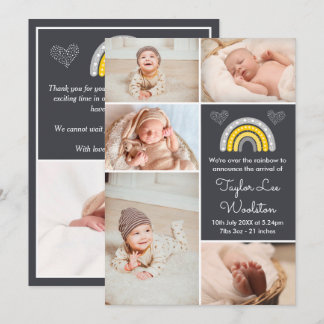 Boho Rainbow Yellow and Grey Birth Announcement