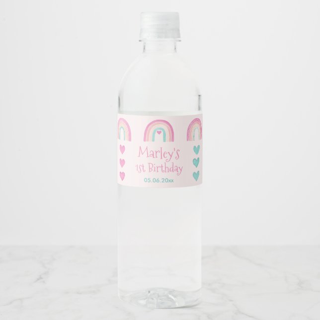 Boho Rainbows Hearts 1st Birthday Party Water Bottle Label (Front)