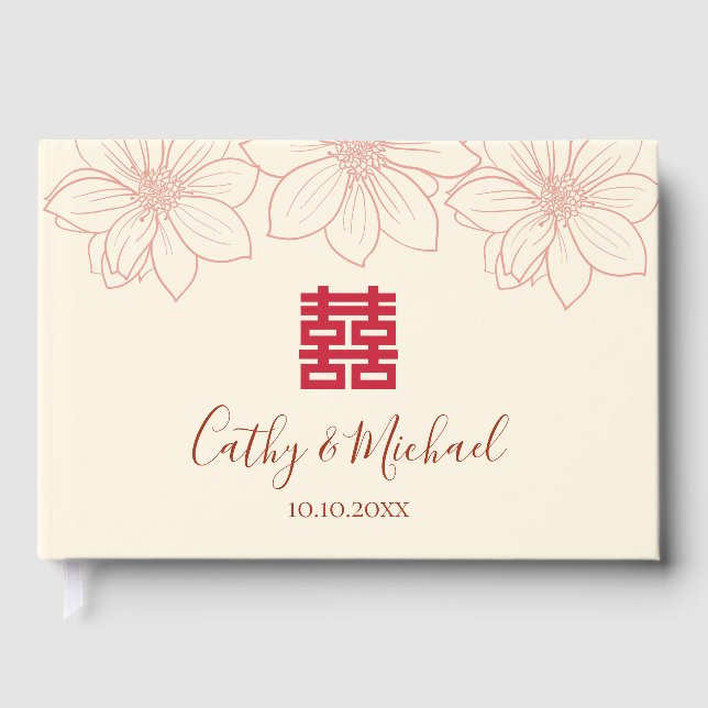 Boho red and beige floral Chinese wedding Guest Book (Front)
