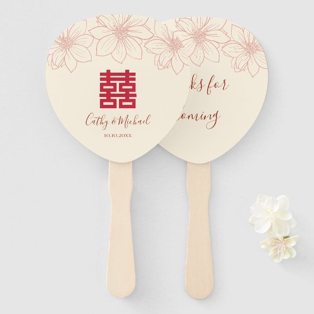 Boho red and beige floral Chinese wedding Hand Fan (Front and Back)