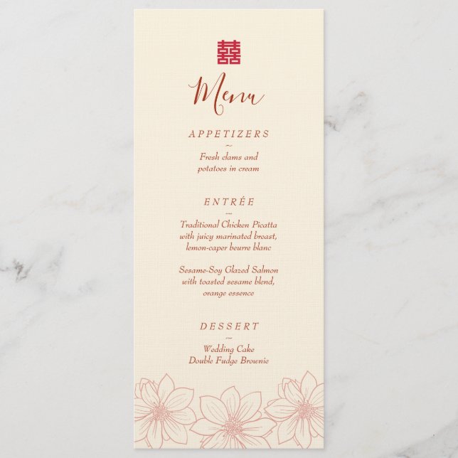 Boho red and beige floral Chinese wedding Menu (Front)