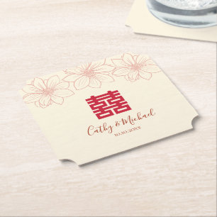 Boho red and beige floral Chinese wedding Paper Coaster