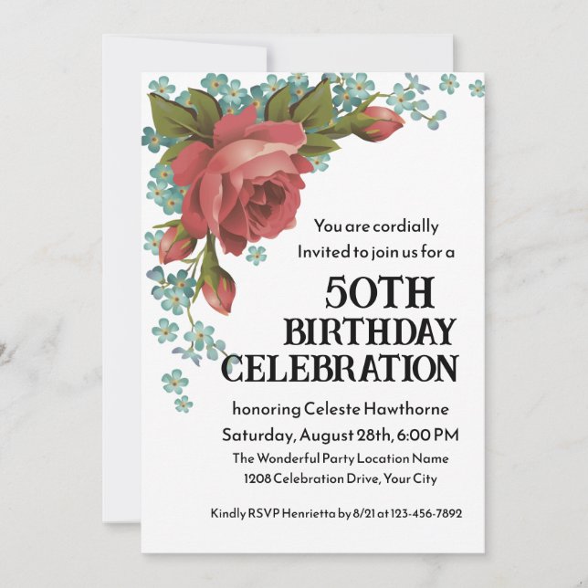 Boho Red and Green 50th Birthday Party Invitation (Front)