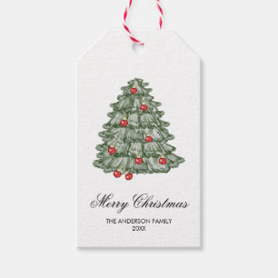 Boho red and green Watercolor Merry Christmas Tree Gift Tags