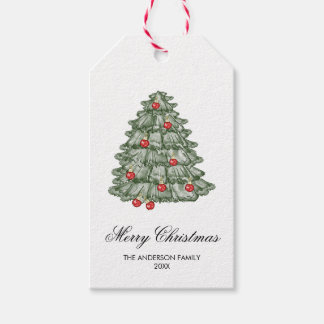 Boho red and green Watercolor Merry Christmas Tree Gift Tags